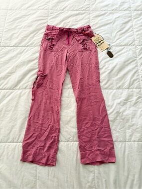 Vintage Da-Nang Pink 100% Silk Lace-Up Cargo Flared Trousers